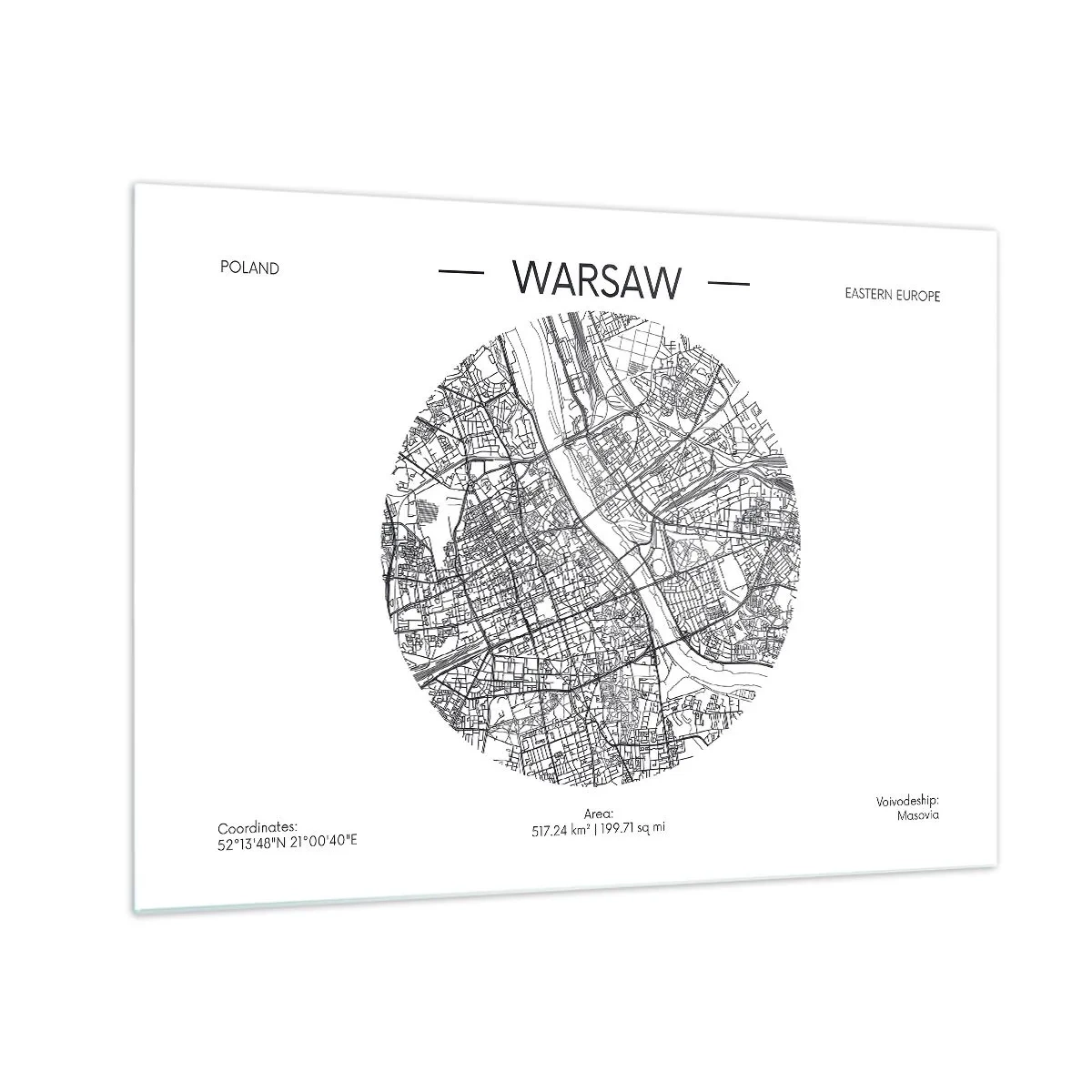 Glastavla - Bild på glas - Karta över Warszawa i form av en grafisk illustration - 70x50cm - Warszawas anatomi - Modern väggdekoration för vardagsrum och sovrum ARTTOR