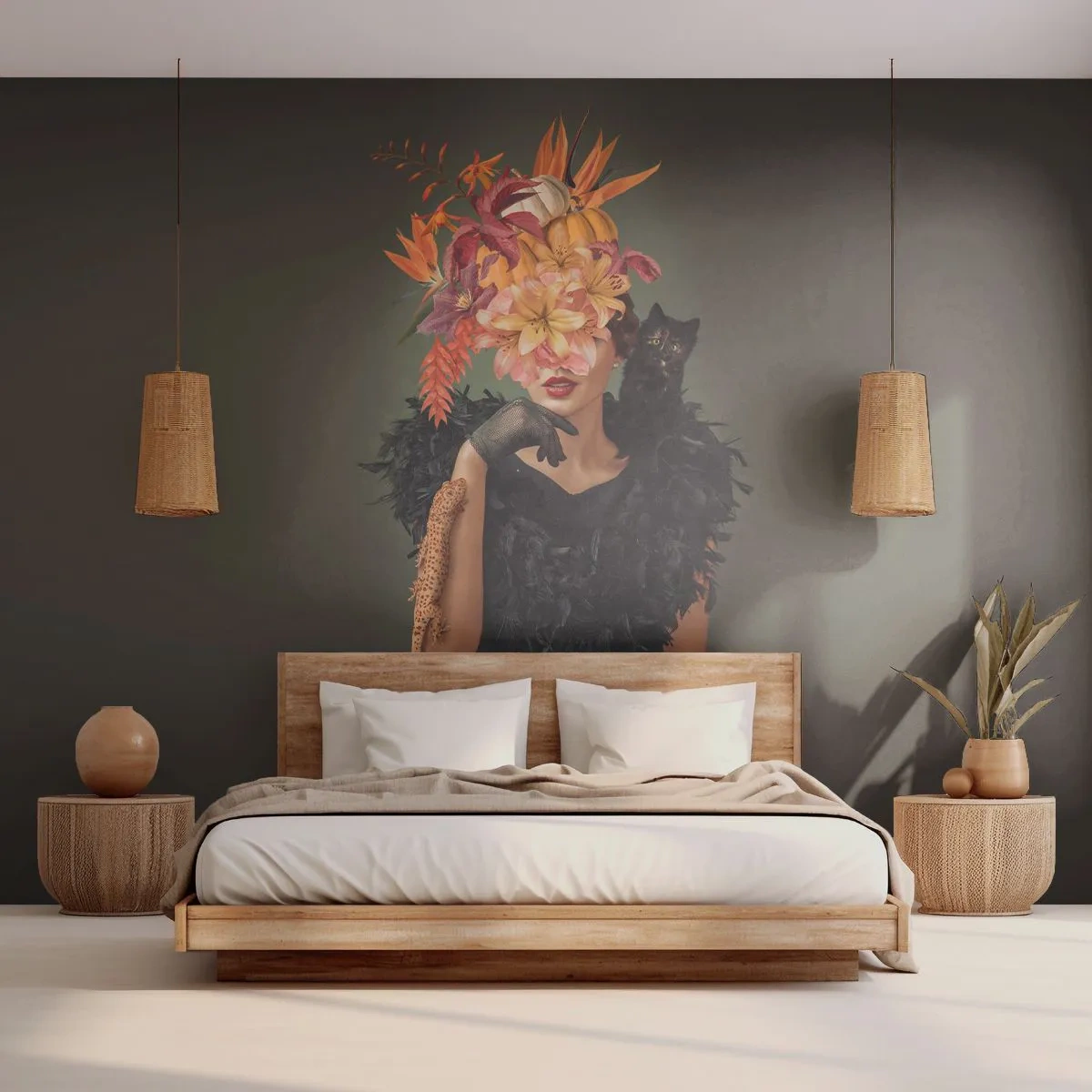 Fototapet Premium Canvas - Häxans troll - Abstraktion, Kvinna, Blommor - 250x175 cm