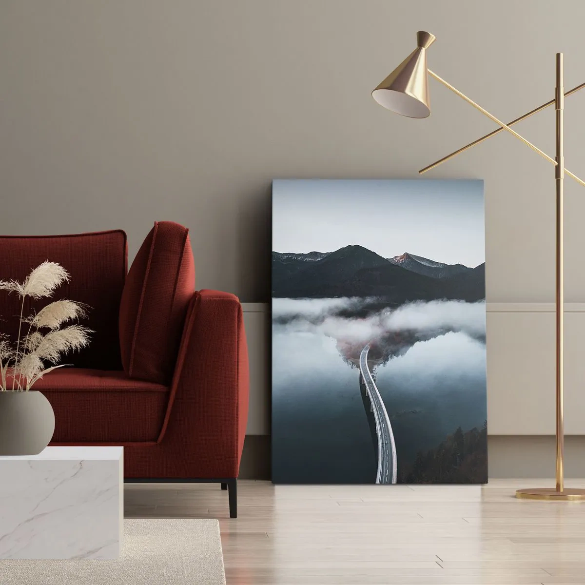 Canvastavla - Bild på duk - Över ett vatten som är så slätt som en spegel - 70x100 cm