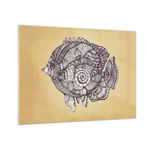 Glastavla - Bild på glas - En tecknad fisk med ornament på en beige bakgrund - 70x50cm - Från ett hav av ornament - Modern väggdekoration för vardagsrum och sovrum ARTTOR