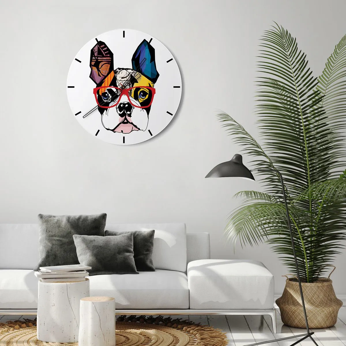 Väggklocka - Klocka på glas - Färgglad teckning av en hund med glasögon på en vit bakgrund - 30x30cm - Intellektuell - Modern väggdekoration för vardagsrum, kök och sovrum ARTTOR
