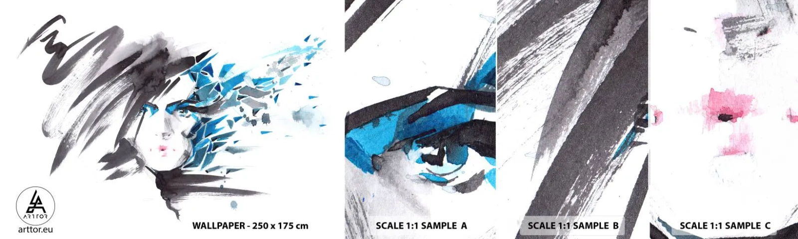 Provbit av självhäftande fototapet Deluxe Sticker - Sensuell porträtt i grått och blått - Kvinna, Kvinnans ansikte, Abstraktion - 100x30 cm