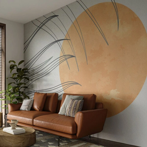 Fototapet Standard Eco - En orange sol med linjer som liknar gräs i vinden - 100x70cm - Alltid mot solen - Modern väggdekoration för vardagsrum och sovrum ARTTOR