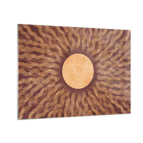 Glastavla - Bild på glas - En stiliserad sol med strålar i form av vågiga linjer på en brun bakgrund. - 70x50cm - Solikon - Modern väggdekoration för vardagsrum och sovrum ARTTOR