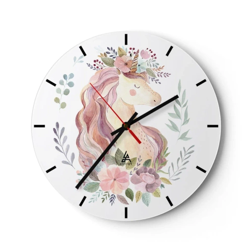 Väggklocka - Klocka på glas - Akvarell enhörningshuvud med en blomsterkrona - 30x30cm - En inbjudan till sagornas värld - Modern väggdekoration för vardagsrum, kök och sovrum ARTTOR