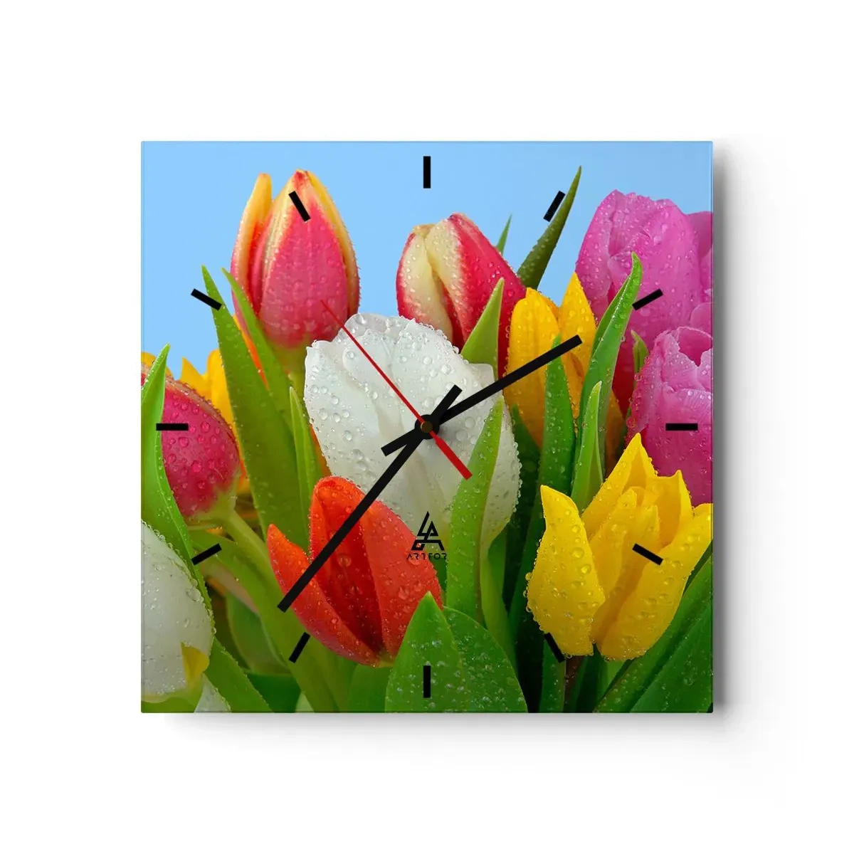 Väggklocka - Klocka på glas - blommig regnbåge i daggdroppar - 40x40 cm