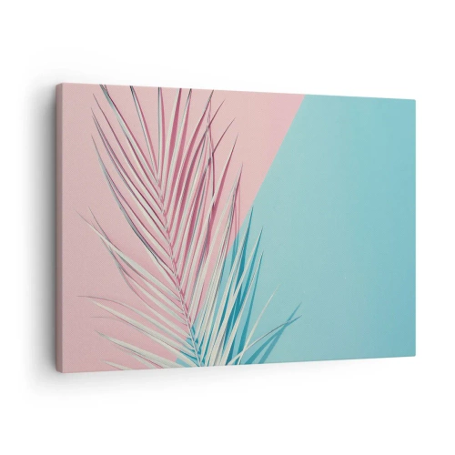 Canvastavla - Bild på duk - Tropiskt löv mot en bakgrund av pastellfärger av rosa och blått - 70x50cm - Tropisk impression - Modern väggdekoration för vardagsrum och sovrum ARTTOR