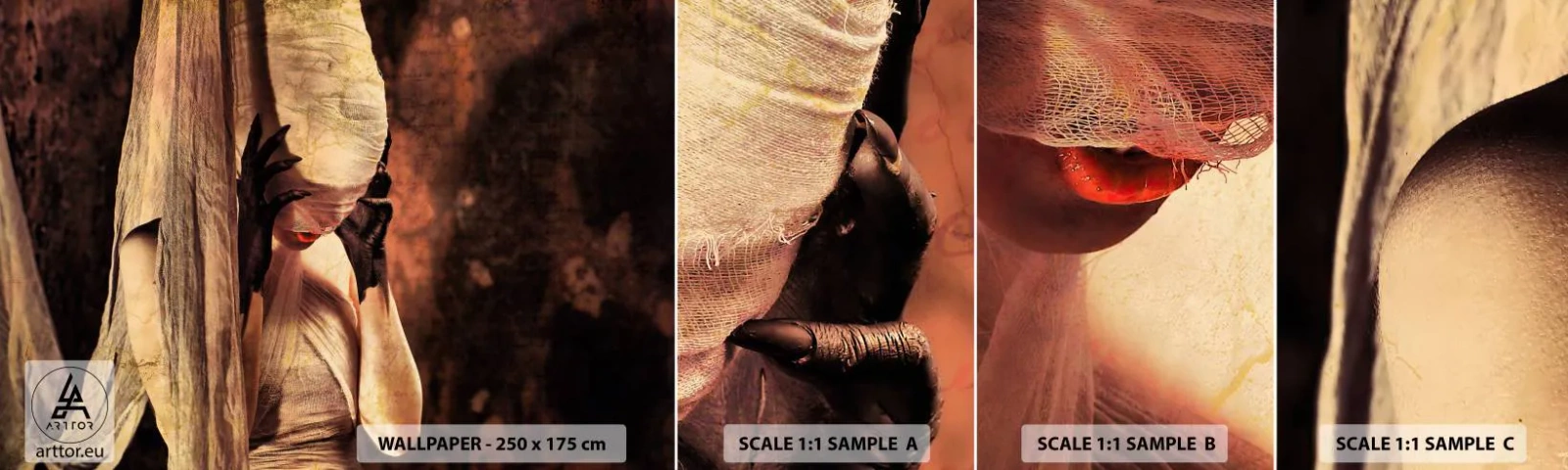 Provbit av självhäftande fototapet Deluxe Sticker - Mellan det goda och det onda - Teater, Bit, Man - 100x30 cm