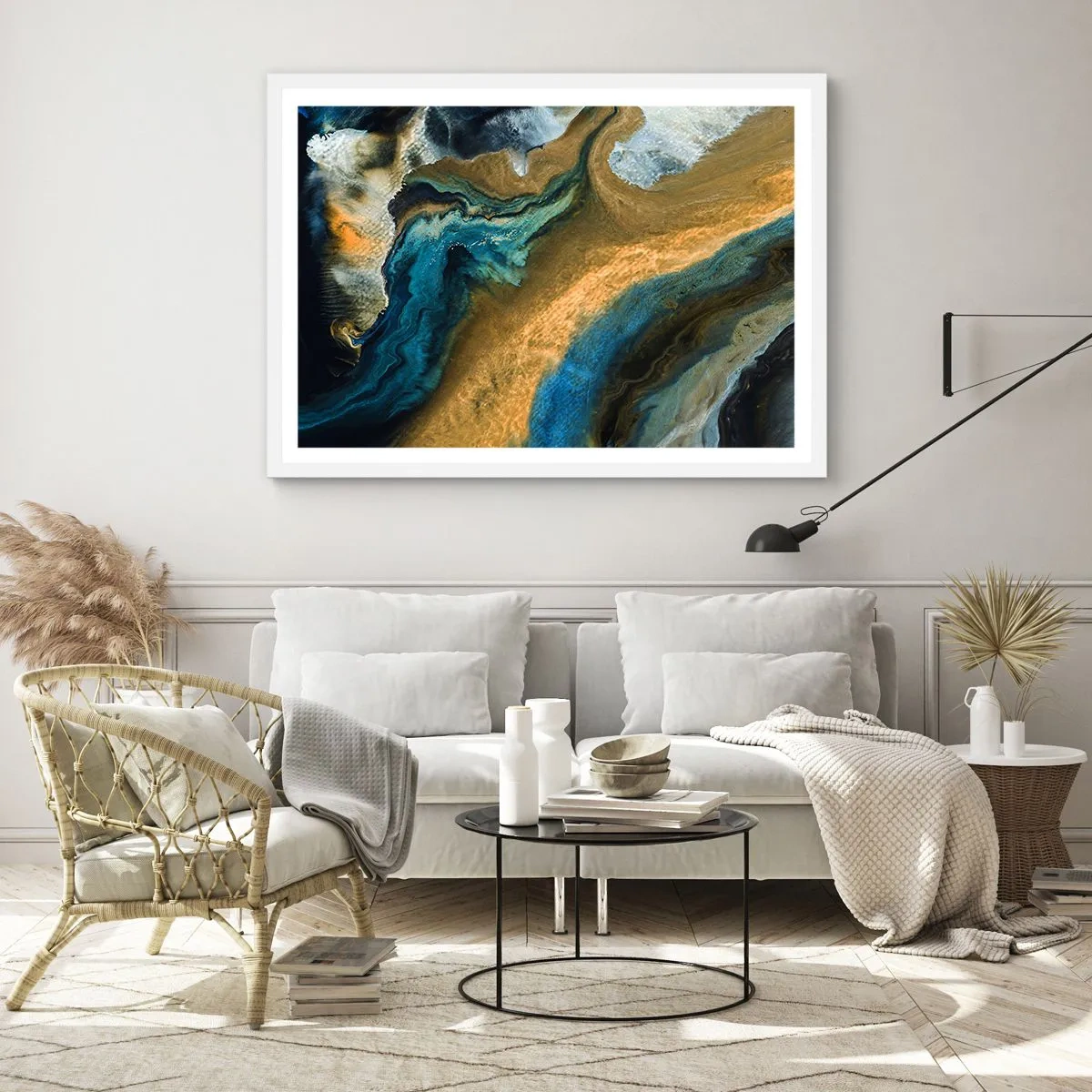 Affisch i vit ram - Blå – gul – ömsesidiga influenser - 70x50 cm
