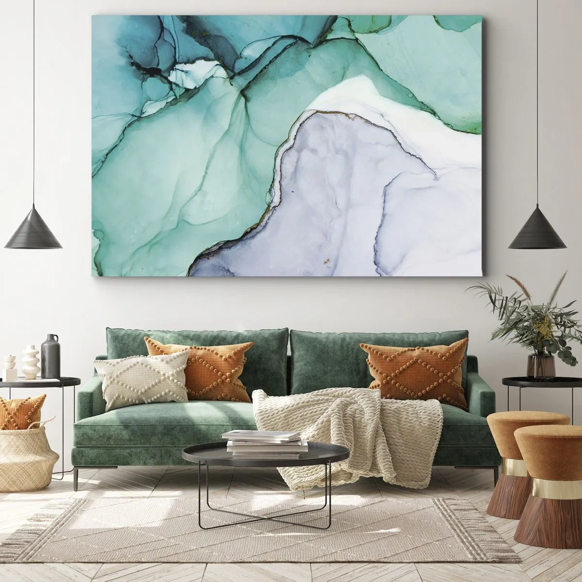 Canvastavla - Bild på duk - Abstrakt mönster i nyanser av turkos och vitt - 70x50cm - En studie i turkos - Modern väggdekoration för vardagsrum och sovrum ARTTOR
