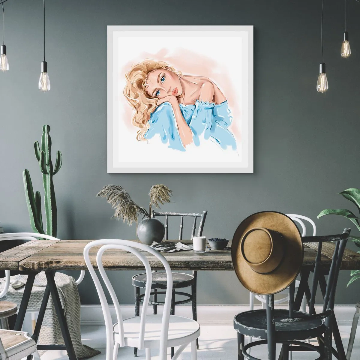 Affisch i vit ram - Drömmande i blått - 40x40 cm