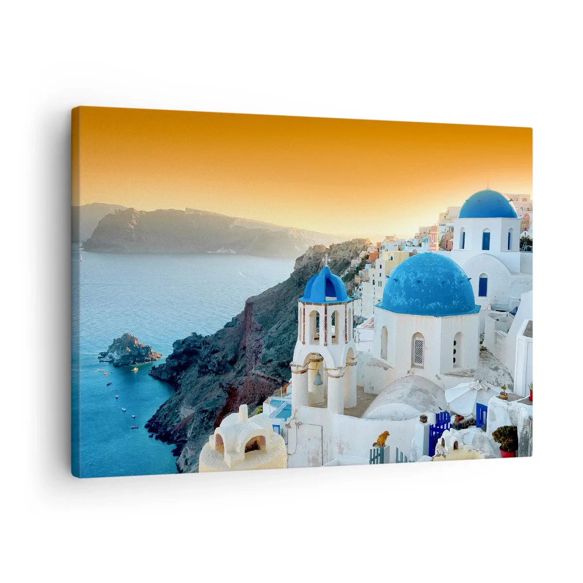 Canvastavla - Bild på duk - Utsikt över Santorini med vita byggnader och blått hav - 70x50cm - Santorini - inbäddat i berg - Modern väggdekoration för vardagsrum och sovrum ARTTOR