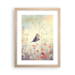 Affisch i ram av ljusek - Fågelporträtt med en äng i bakgrunden - 30x40 cm