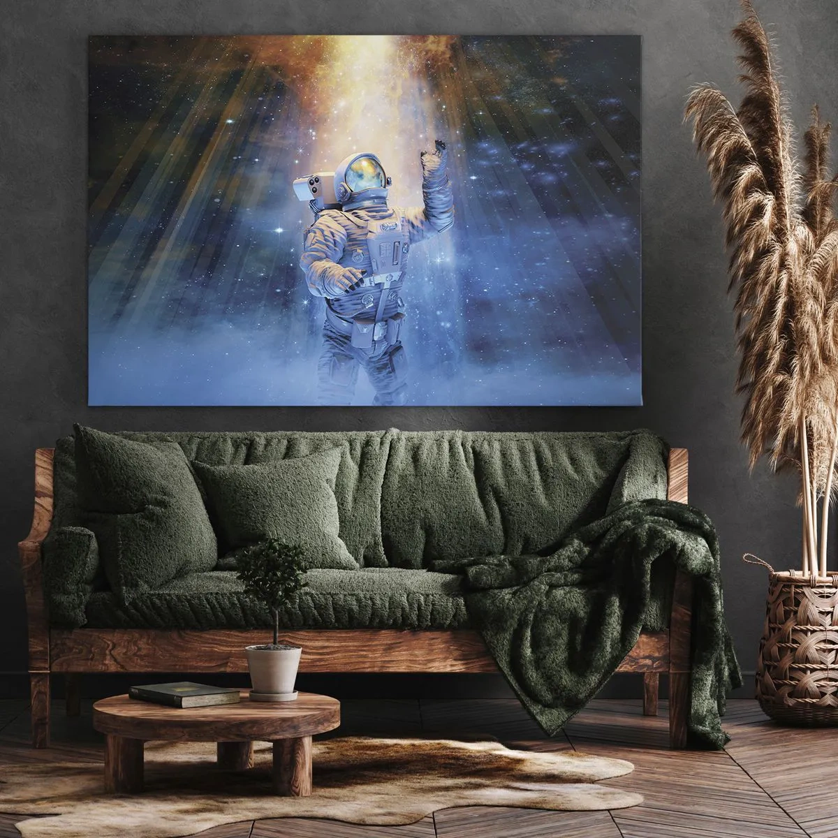 Canvastavla - Bild på duk - Astronaut i ljuset av en kosmisk explosion full av stjärnor - 70x50cm - Äntligen i målet - Modern väggdekoration för vardagsrum och sovrum ARTTOR