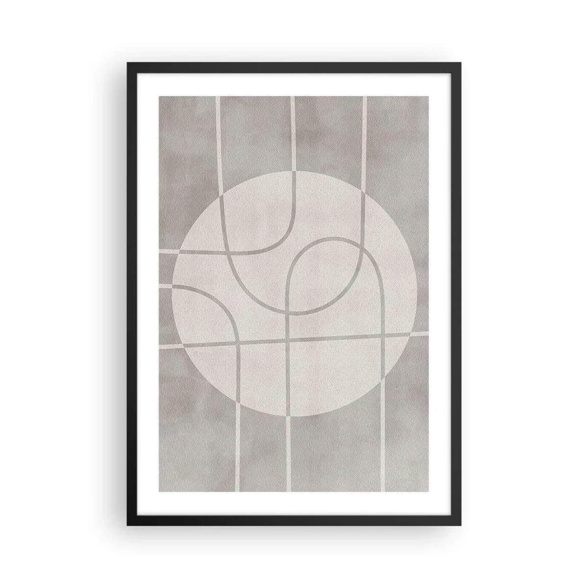 Affisch i svart ram - Geometriska linjer och en cirkel i grå nyanser - 50x70cm - Cirkulärt och rakt fram - Modern väggdekoration för vardagsrum och sovrum ARTTOR