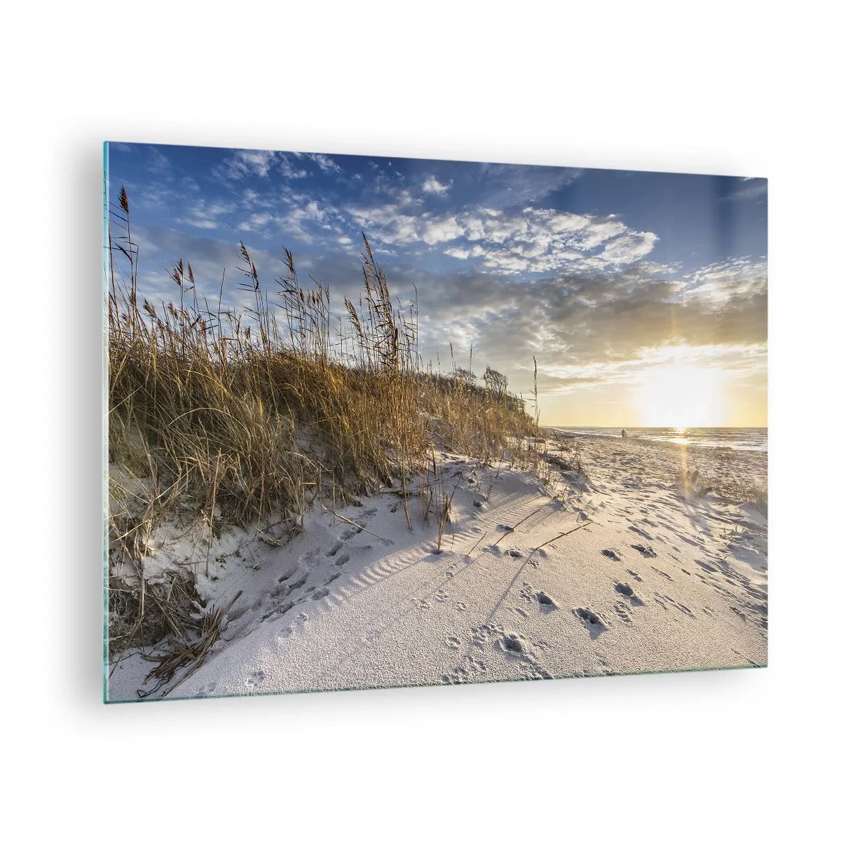 Glastavla - Bild på glas - Sandstrand vid solnedgången med gräs vid dynen - 70x50cm - Inbjudan till promenad - Modern väggdekoration för vardagsrum och sovrum ARTTOR