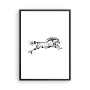 Affisch i svart ram - Illustration av en galopperande häst i svartvitt - 50x70cm - Fångad i galopplopp - Modern väggdekoration för vardagsrum och sovrum ARTTOR