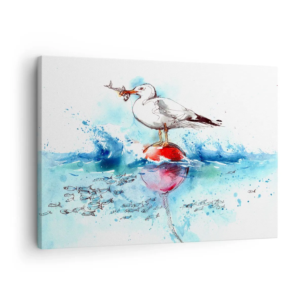 Canvastavla - Bild på duk - Mås på en boj med fisk i bakgrunden i akvarellstil - 70x50cm - Framgångsrik fångst - Modern väggdekoration för vardagsrum och sovrum ARTTOR