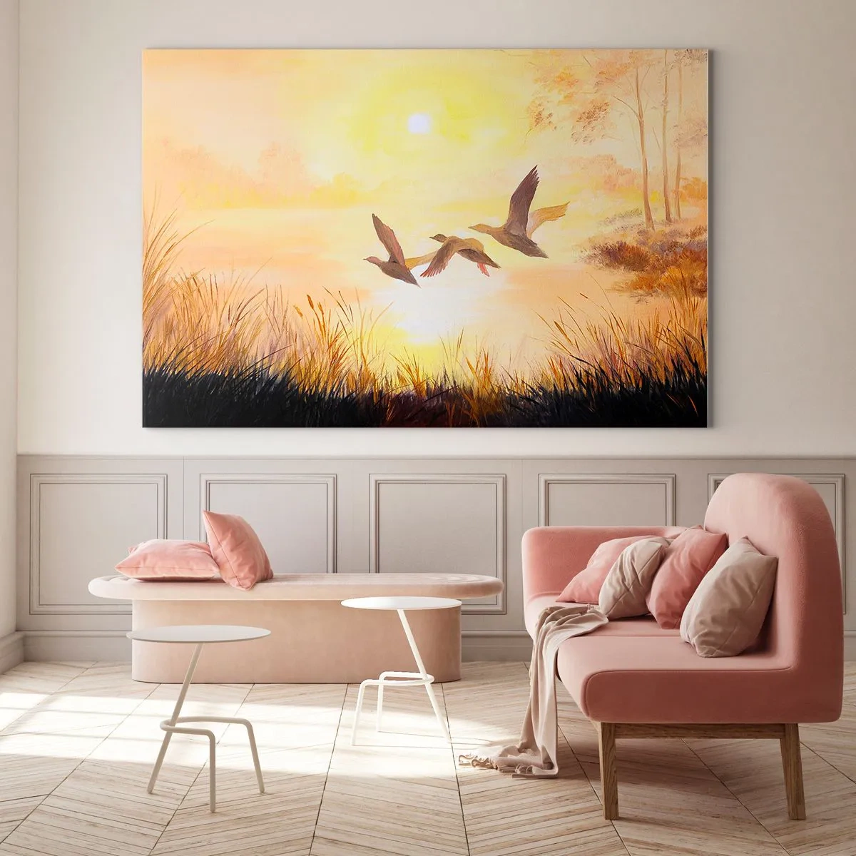 Glastavla - Bild på glas - Tre ankor som flyger över en sjö vid soluppgången - 70x50cm - Början av en lång resa - Modern väggdekoration för vardagsrum och sovrum ARTTOR