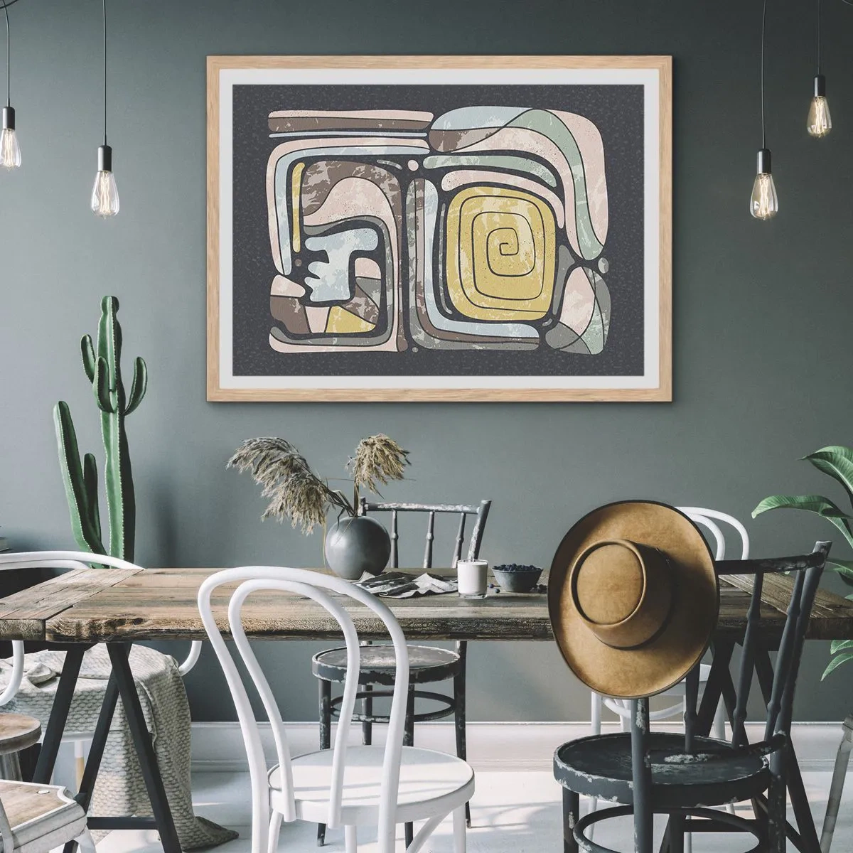 Affisch i ram av ljusek - Abstraktion i en förcolumbiansk anda - 100x70 cm