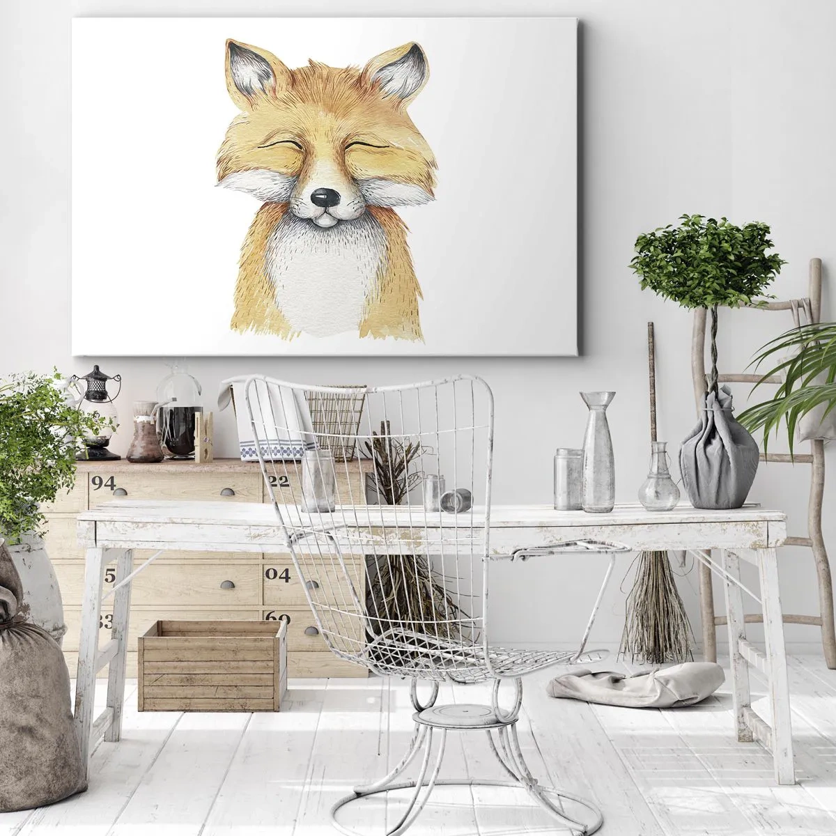 Canvastavla - Bild på duk - En akvarell räv med ett leende i minimalistisk stil - 70x50cm - Rävens humör - Modern väggdekoration för vardagsrum och sovrum ARTTOR