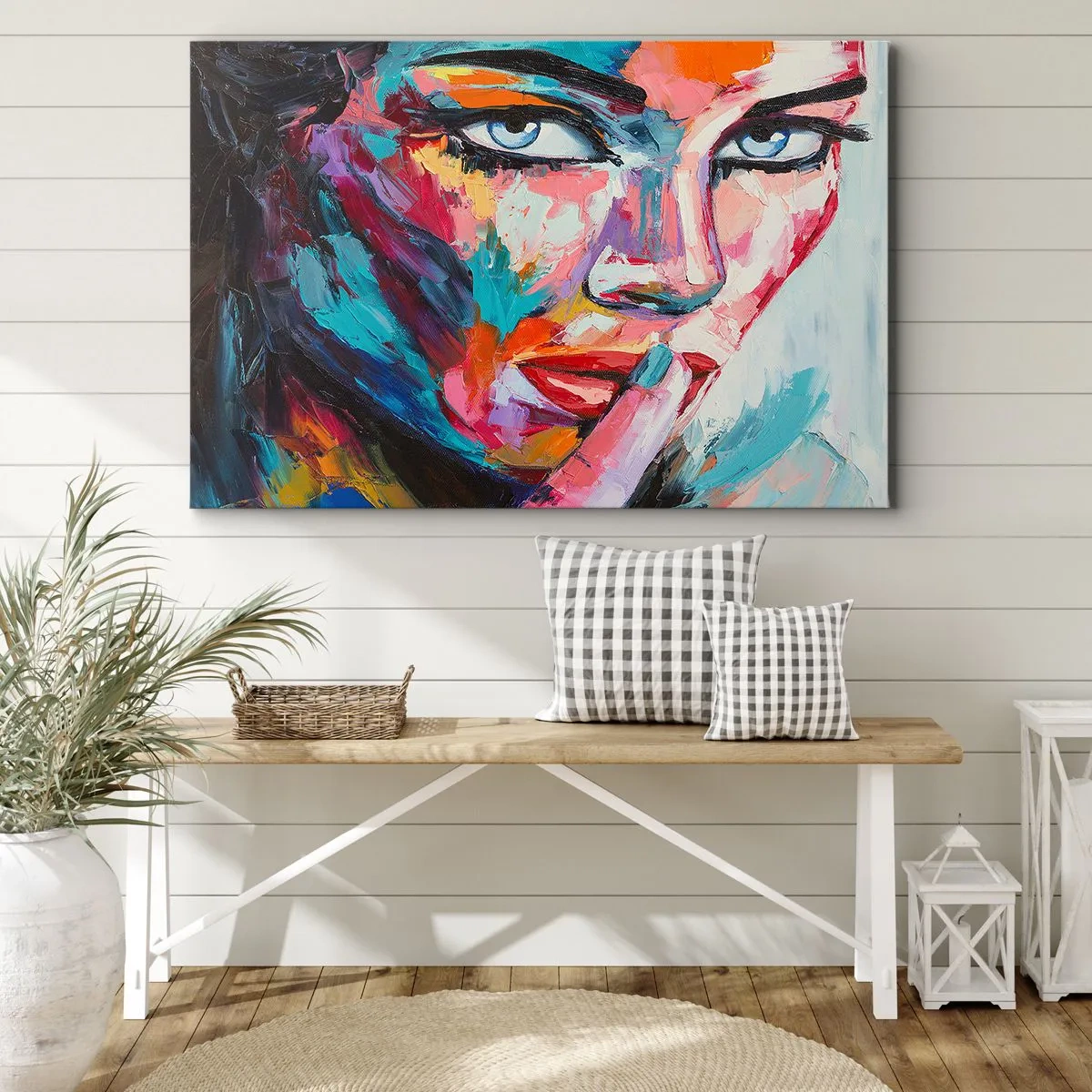 Canvastavla - Bild på duk - Färgglatt porträtt av en kvinna i abstrakt stil - 70x50cm - Vår första hemlighet - Modern väggdekoration för vardagsrum och sovrum ARTTOR