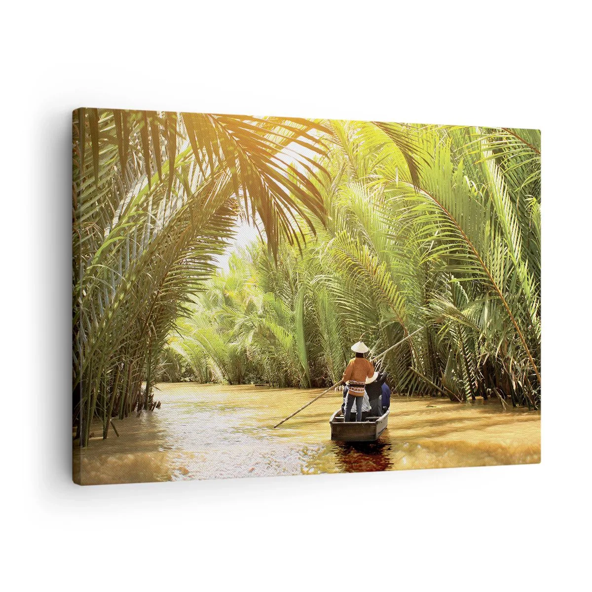 Canvastavla - Bild på duk - En båt på en flod omgiven av tropisk vegetation - 70x50cm - Genom en palmravin - Modern väggdekoration för vardagsrum och sovrum ARTTOR