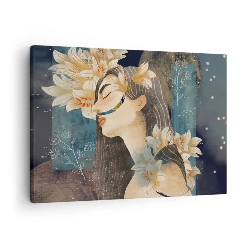 Canvastavla - Bild på duk - Porträtt av en kvinna med blommor i konstnärlig stil mot en mörk bakgrund - 70x50cm - Sagan om drottning med liljor - Modern väggdekoration för vardagsrum och sovrum ARTTOR