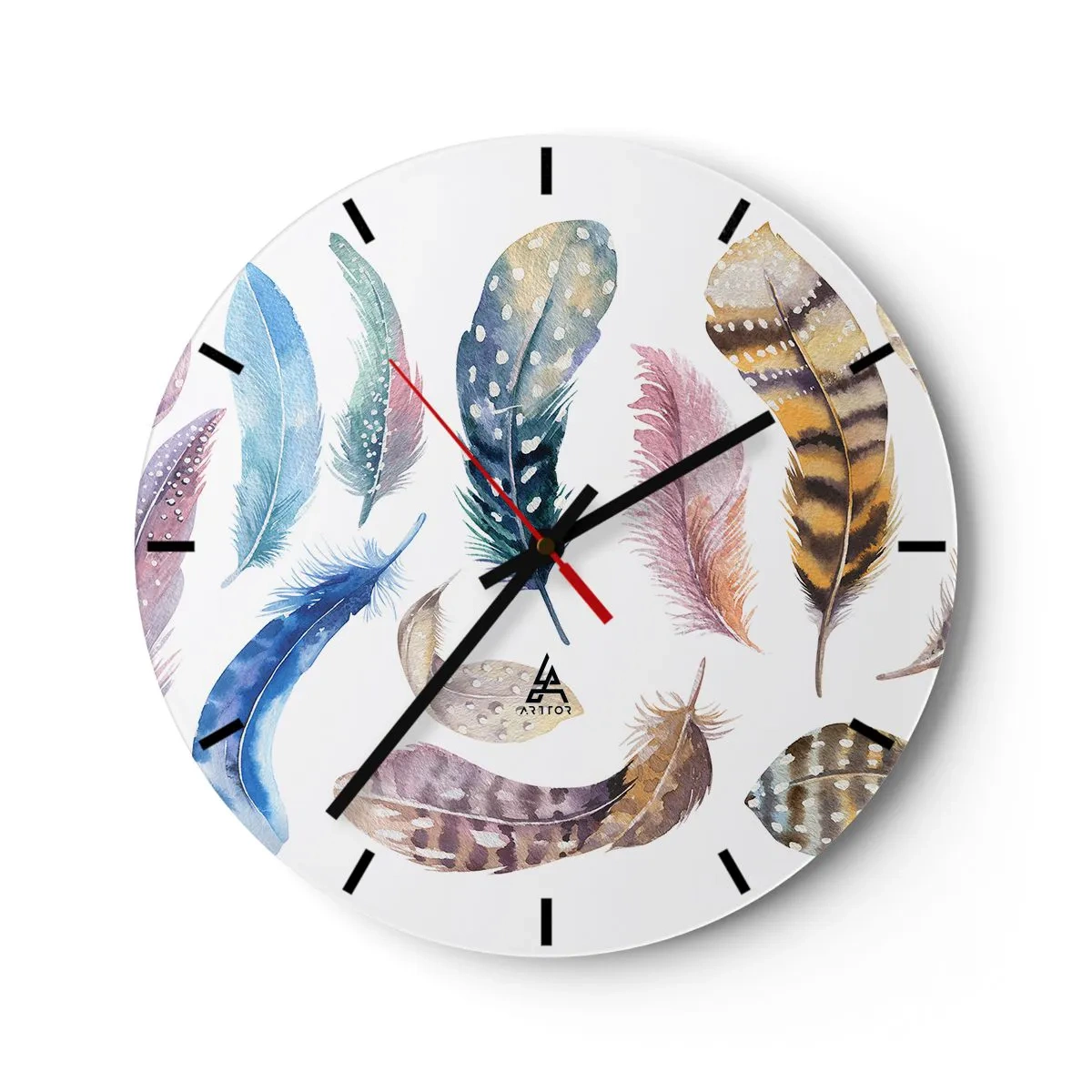 Väggklocka - Klocka på glas - Färgglada fjädrar i akvarellstil - 30x30cm - Lätta, färgglada och färgrika - Modern väggdekoration för vardagsrum, kök och sovrum ARTTOR