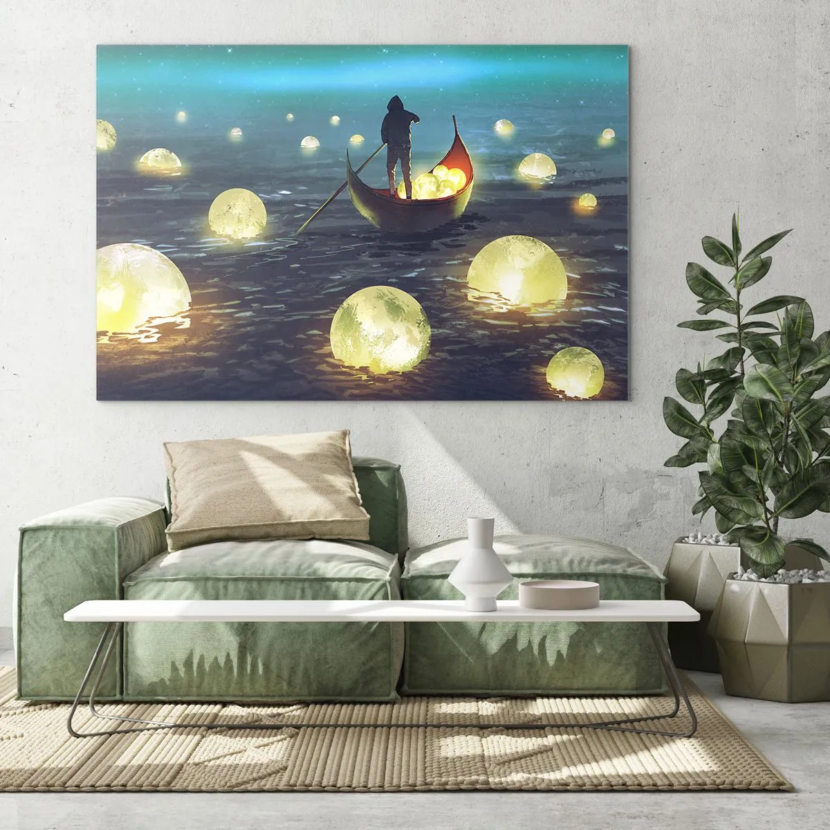 Glastavla - Bild på glas - En båt med lyktor på vattnet i ett surrealistiskt landskap - 70x50cm - Saker som filosoferna inte drömt om - Modern väggdekoration för vardagsrum och sovrum ARTTOR