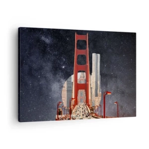 Canvastavla - Bild på duk - Golden Gate-bron med staden i bakgrunden mot en stjärnklar himmel - 70x50cm - Alltid i centrum - Modern väggdekoration för vardagsrum och sovrum ARTTOR