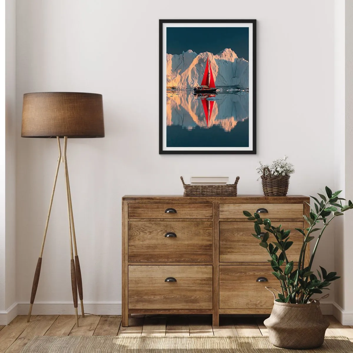 Affisch i svart ram - Det röda seglet på en båt mot bakgrund av glaciärer och lugnt vatten - 50x70cm - I världens ände - Modern väggdekoration för vardagsrum och sovrum ARTTOR