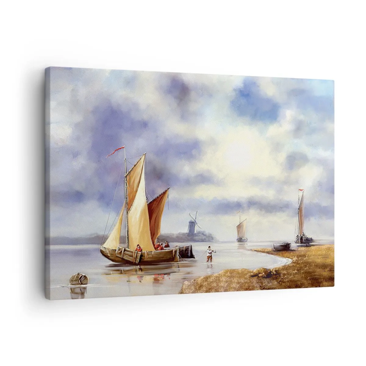 Canvastavla - Bild på duk - Segelbåtar på lugnt vatten med väderkvarnar i bakgrunden - 70x50cm - Seglarnas hemkomst - Modern väggdekoration för vardagsrum och sovrum ARTTOR