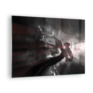 Glastavla - Bild på glas - Saxofonist i ett rökdis i svartvitt - 70x50cm - I jazzens ångor - Modern väggdekoration för vardagsrum och sovrum ARTTOR