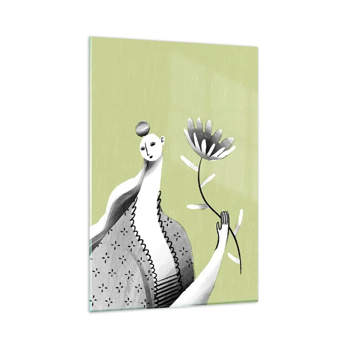 Glastavla - Bild på glas - Modernistiskt porträtt - håller i en blomma - 80x120 cm