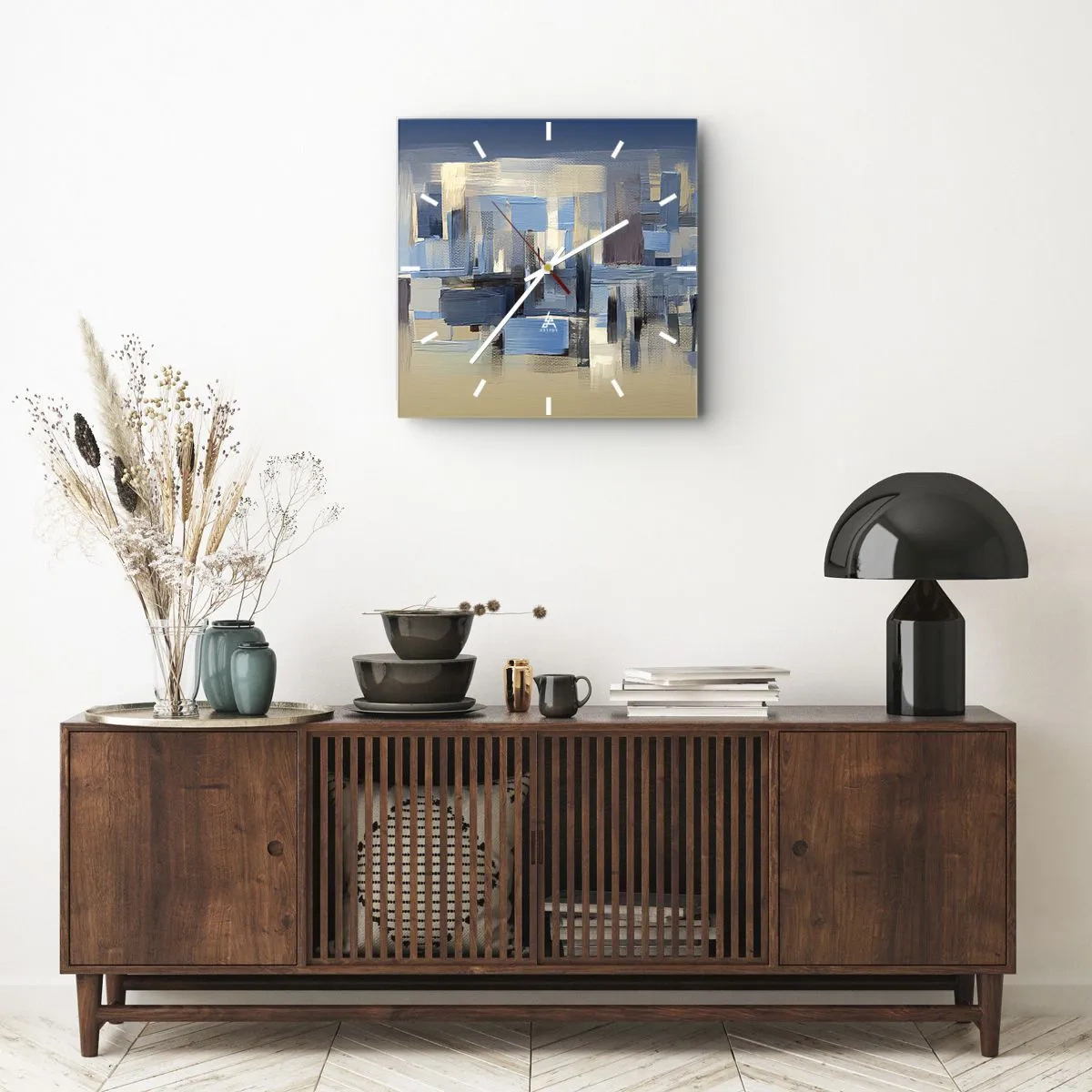 Väggklocka - Klocka på glas - Blå konstruktion - 40x40 cm