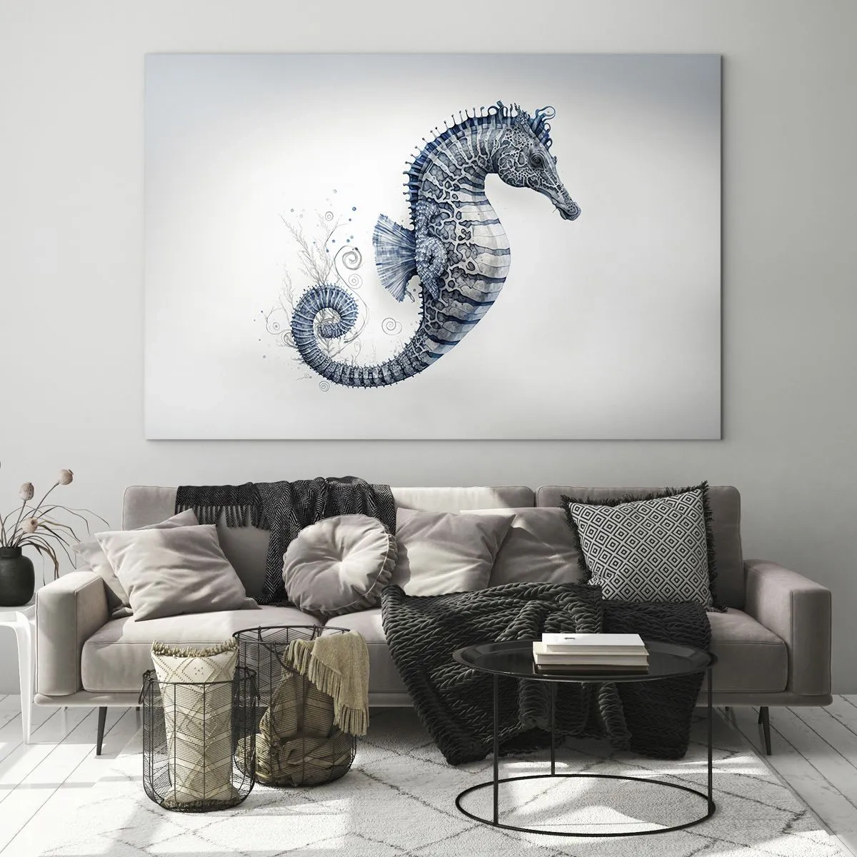 Glastavla - Bild på glas - Blå sjöhäst på en ljus bakgrund i ritstil - 70x50cm - Ett subtilt skämt från naturen - Modern väggdekoration för vardagsrum och sovrum ARTTOR