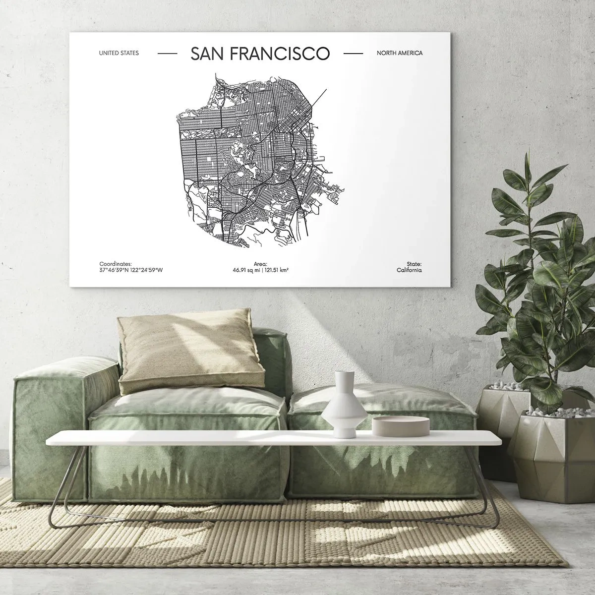 Glastavla - Bild på glas - En minimalistisk gatukarta över San Francisco - 70x50cm - San Franciscos anatomi - Modern väggdekoration för vardagsrum och sovrum ARTTOR