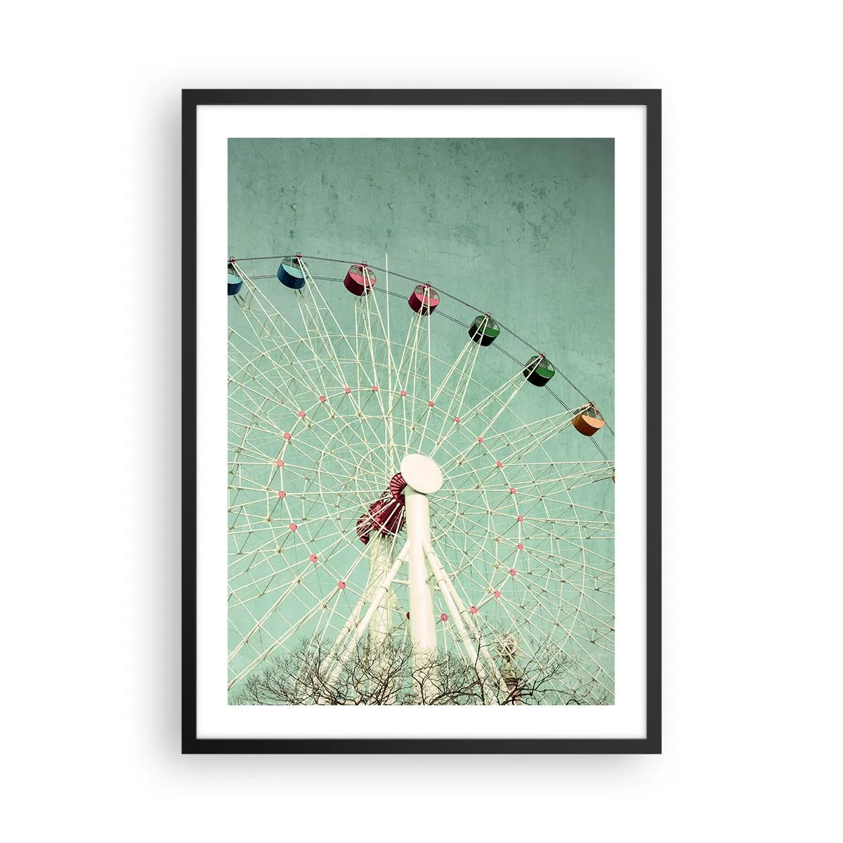 Affisch i svart ram - Ett retro pariserhjul mot en mintgrön himmel - 50x70cm - Välkommen att ha kul - Modern väggdekoration för vardagsrum och sovrum ARTTOR