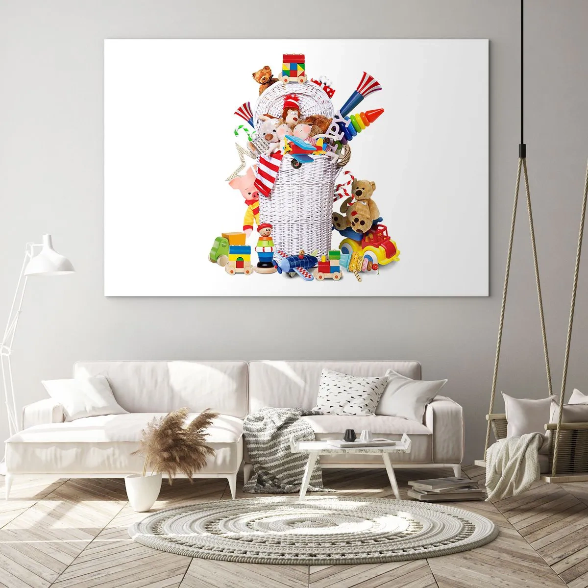 Glastavla - Bild på glas - En korg full av färgglada leksaker på en vit bakgrund - 70x50cm - Småttingens skatter - Modern väggdekoration för vardagsrum och sovrum ARTTOR