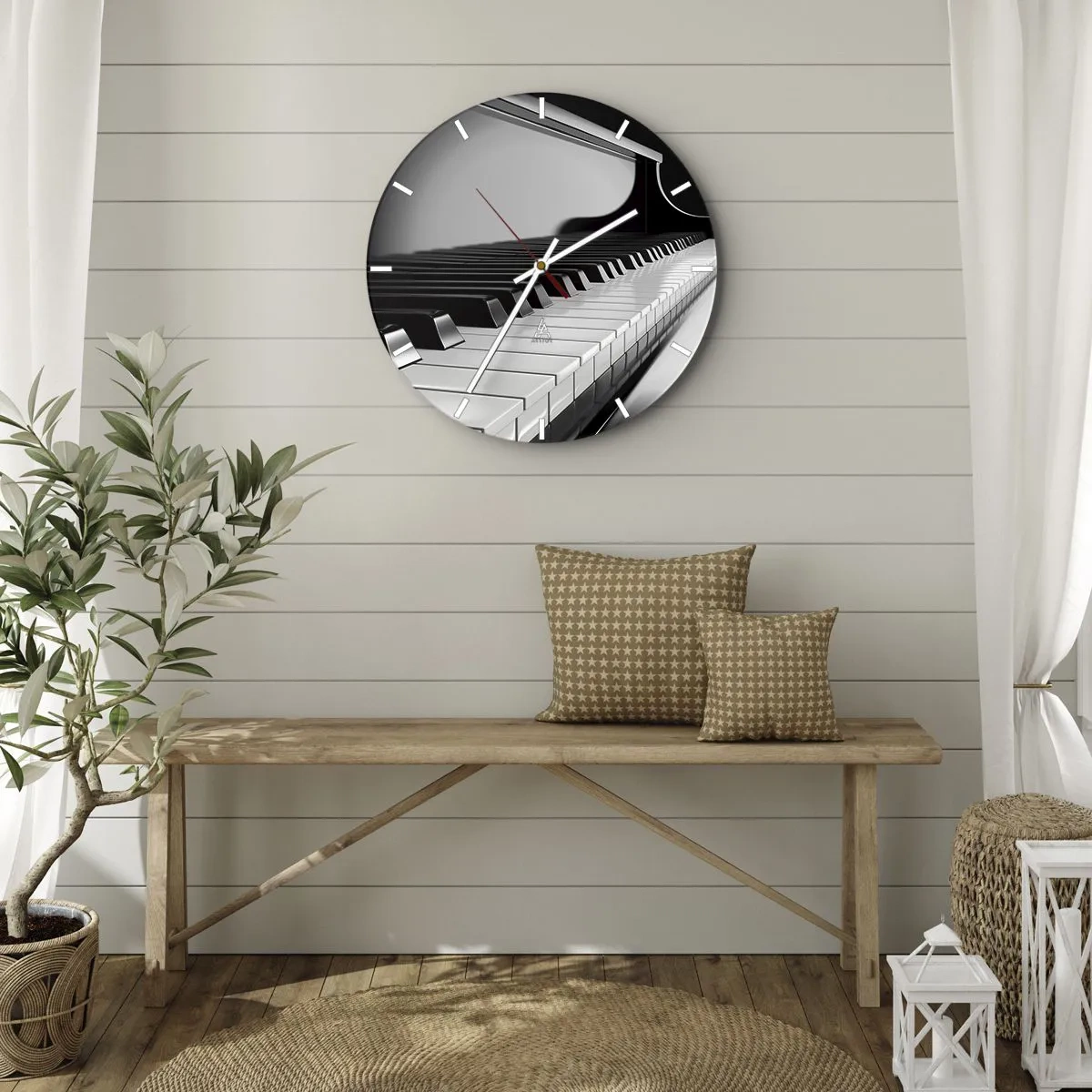 Väggklocka - Klocka på glas - Svartvitt piano keyboard - 30x30cm - Harmoni av former och färger - Modern väggdekoration för vardagsrum, kök och sovrum ARTTOR