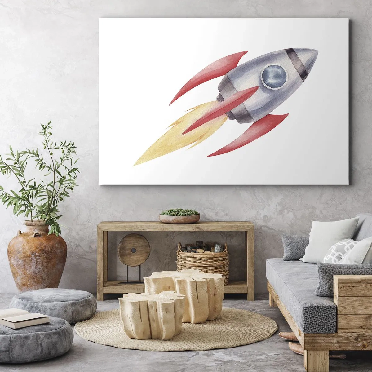 Canvastavla - Bild på duk - Akvarell stil raket på en vit bakgrund - 70x50cm - Högre, snabbare, längre - Modern väggdekoration för vardagsrum och sovrum ARTTOR