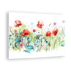 Glastavla - Bild på glas - Färgglada vallmo och vildblommor i akvarellstil - 70x50cm - Majblommande äng - Modern väggdekoration för vardagsrum och sovrum ARTTOR