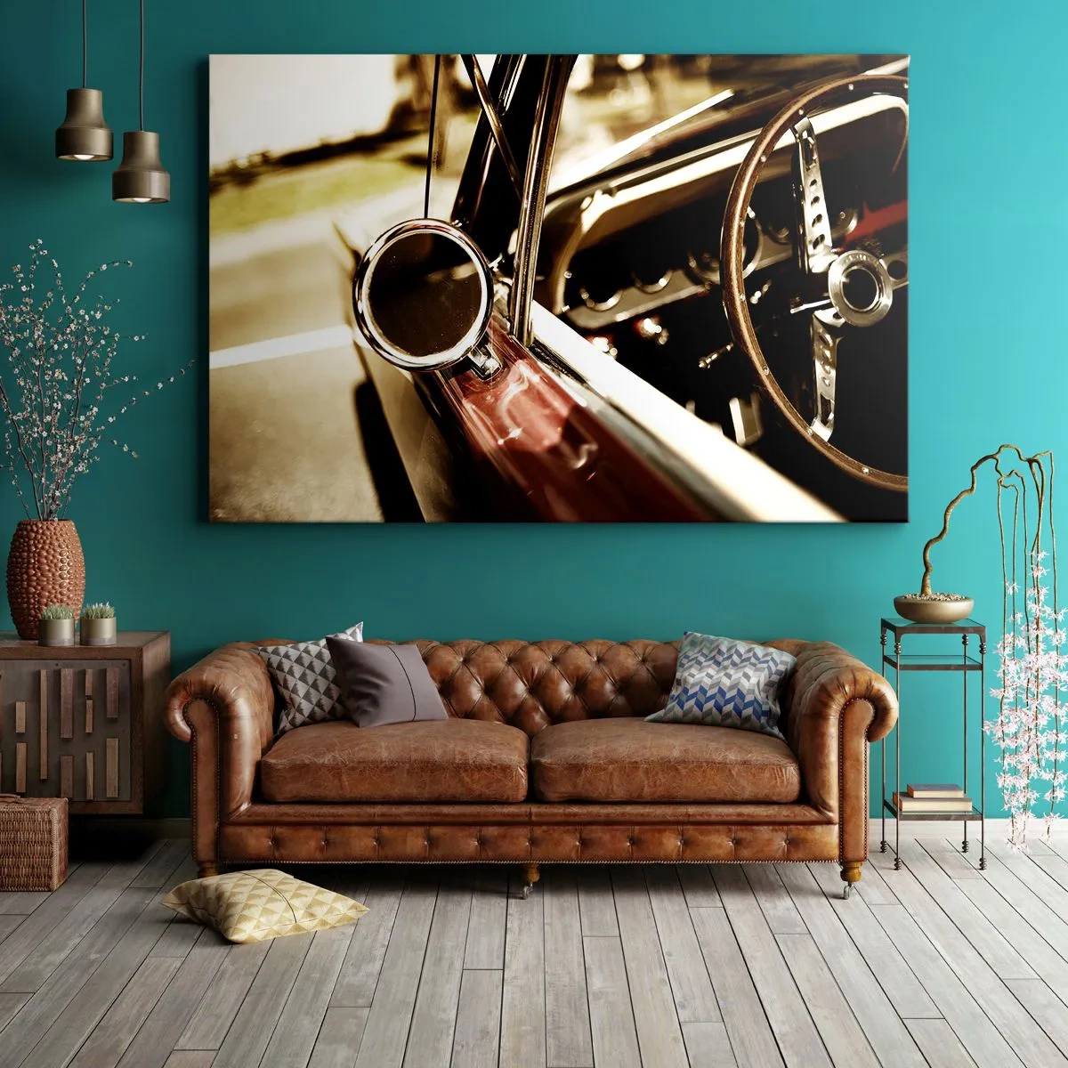 Canvastavla - Bild på duk - Närbild av spegeln och interiören i en klassisk retrobil - 70x50cm - En bil med själ - Modern väggdekoration för vardagsrum och sovrum ARTTOR