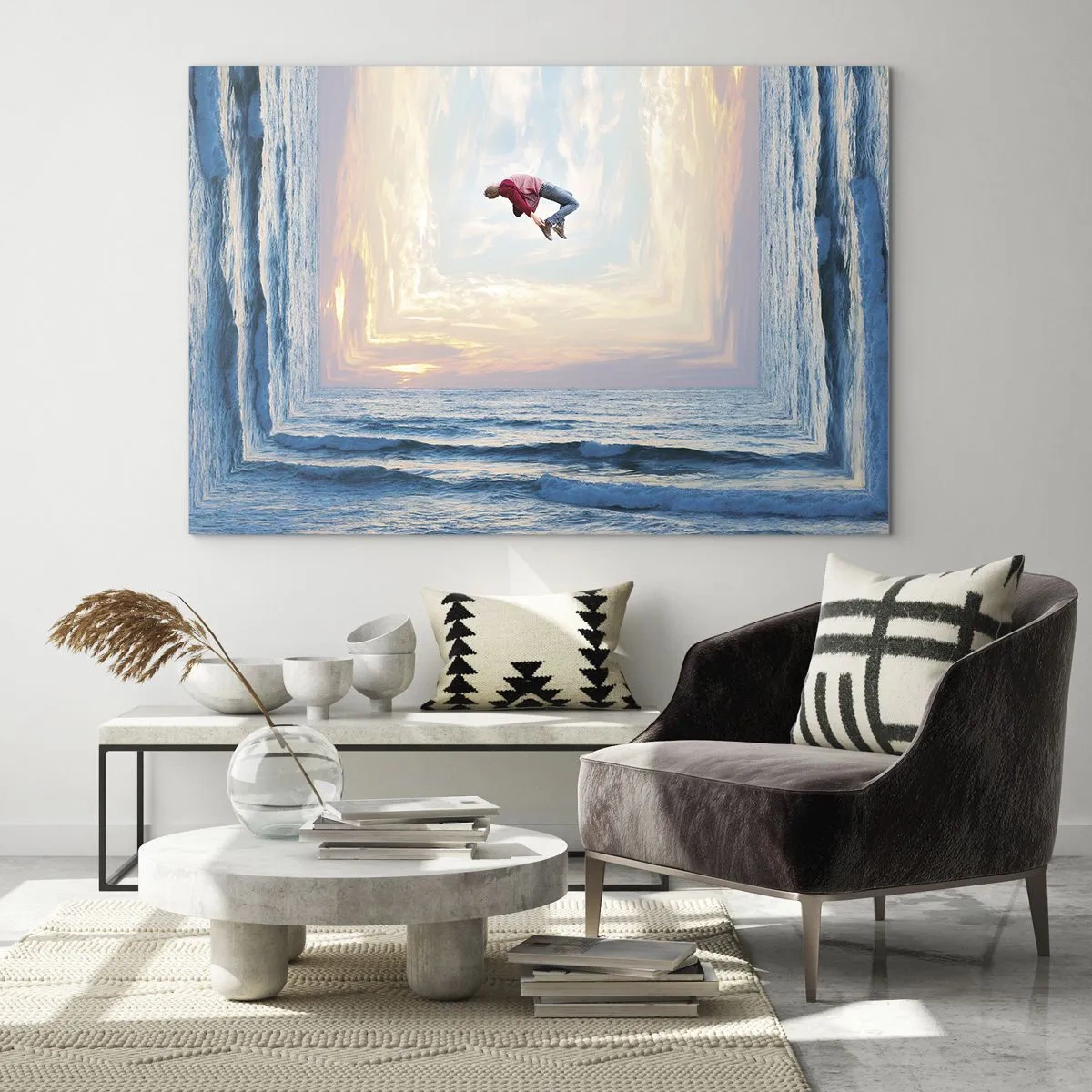 Glastavla - Bild på glas - En man som hoppar över havet i en surrealistisk ram - 70x50cm - Till en annan dimension - Modern väggdekoration för vardagsrum och sovrum ARTTOR