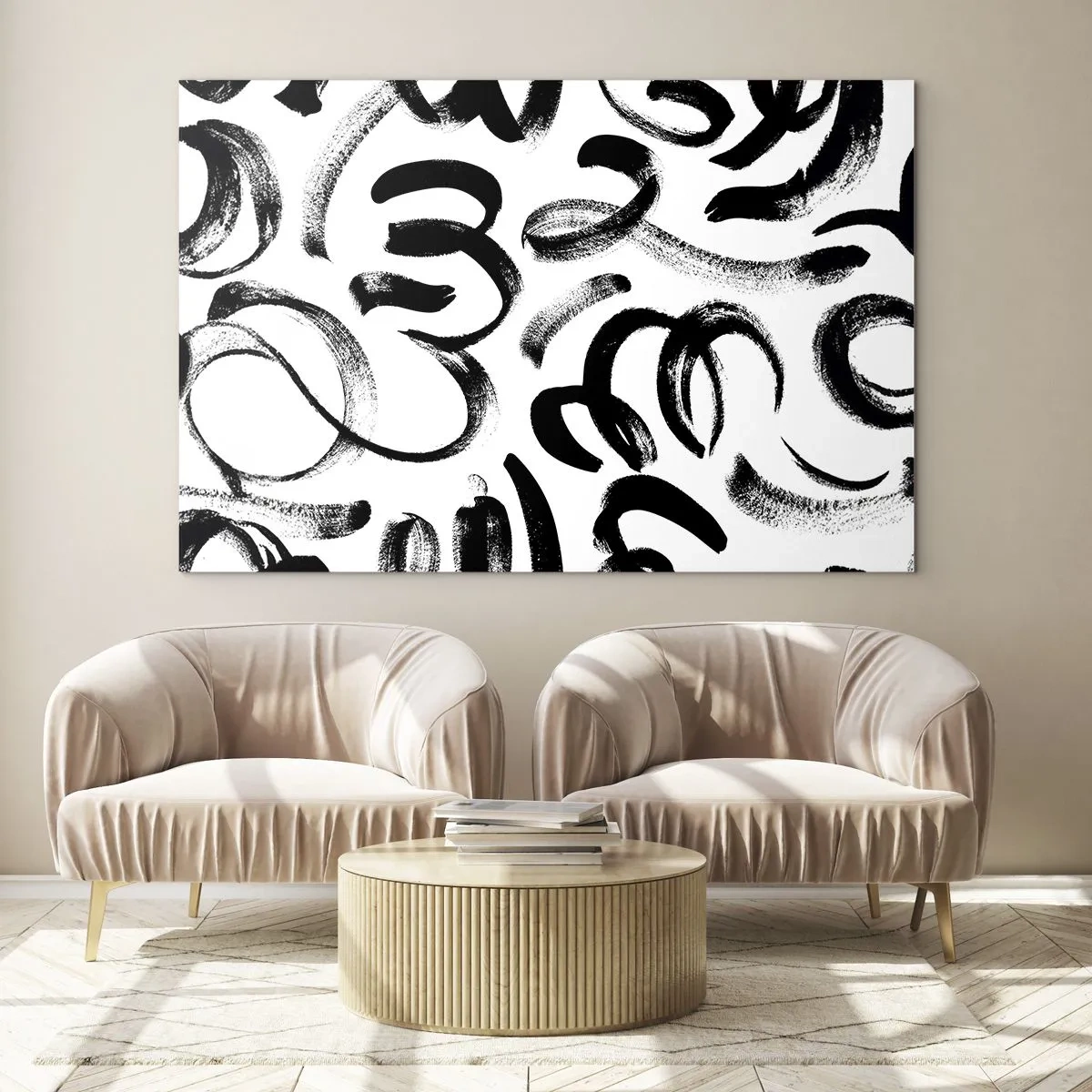 Glastavla - Bild på glas - Svartvita abstrakta penseldrag - 70x50cm - Svart på vitt - Modern väggdekoration för vardagsrum och sovrum ARTTOR