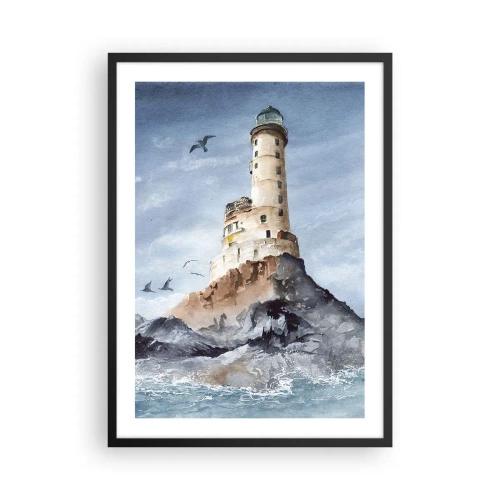 Affisch i svart ram - En akvarellmålning av en fyr på en klippig kust - 50x70cm - Oövervinnelig - Modern väggdekoration för vardagsrum och sovrum ARTTOR