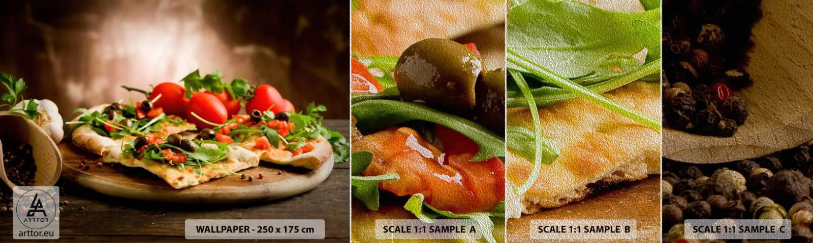 Provbit av fototapet Premium Sand - Direkt från ugnen och trädgården - Gastronomi, Pizza, Italien - 100x30 cm