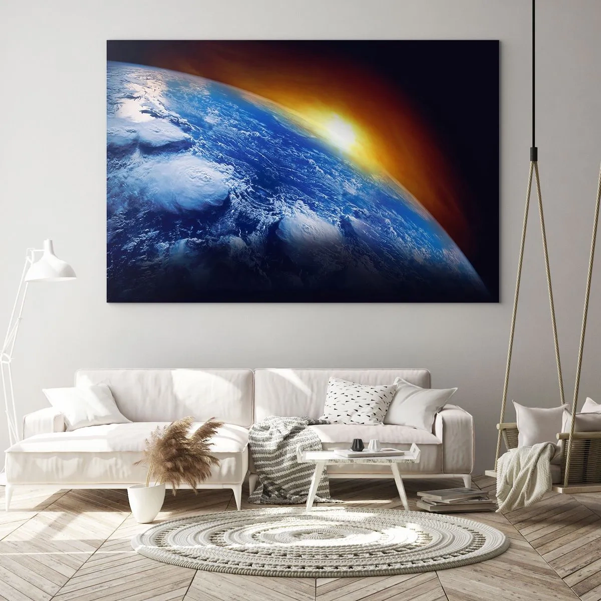 Glastavla - Bild på glas - Soluppgång över den blåa planeten - 100x70 cm