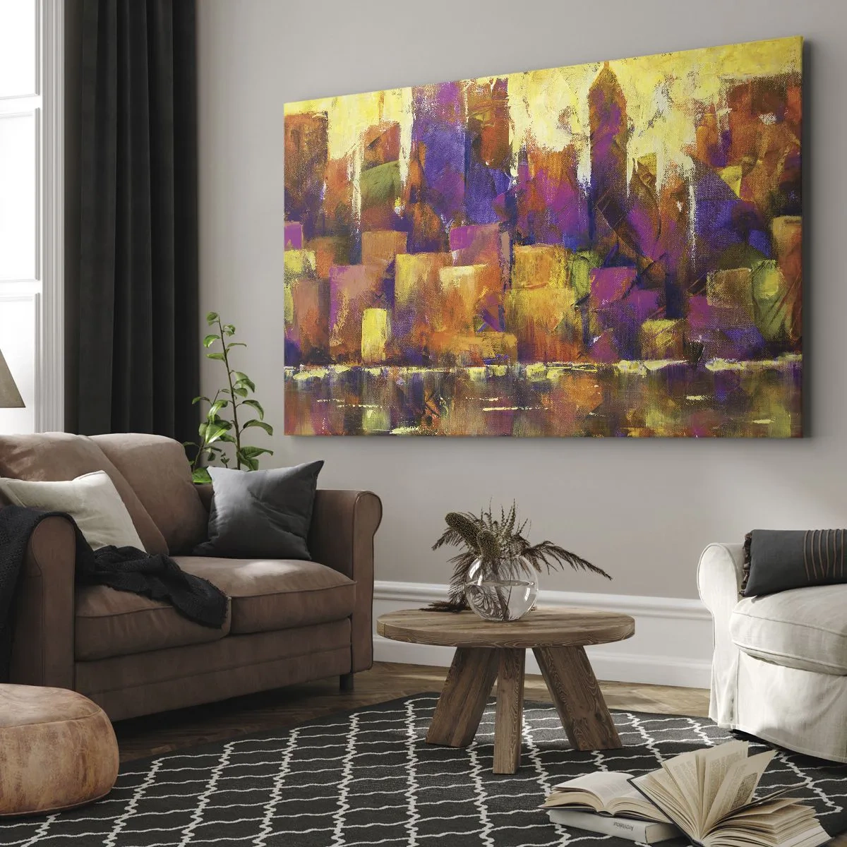 Canvastavla - Bild på duk - Abstrakt komposition av en metropol i nyanser av gult och lila - 70x50cm - Metropolis komposition - Modern väggdekoration för vardagsrum och sovrum ARTTOR